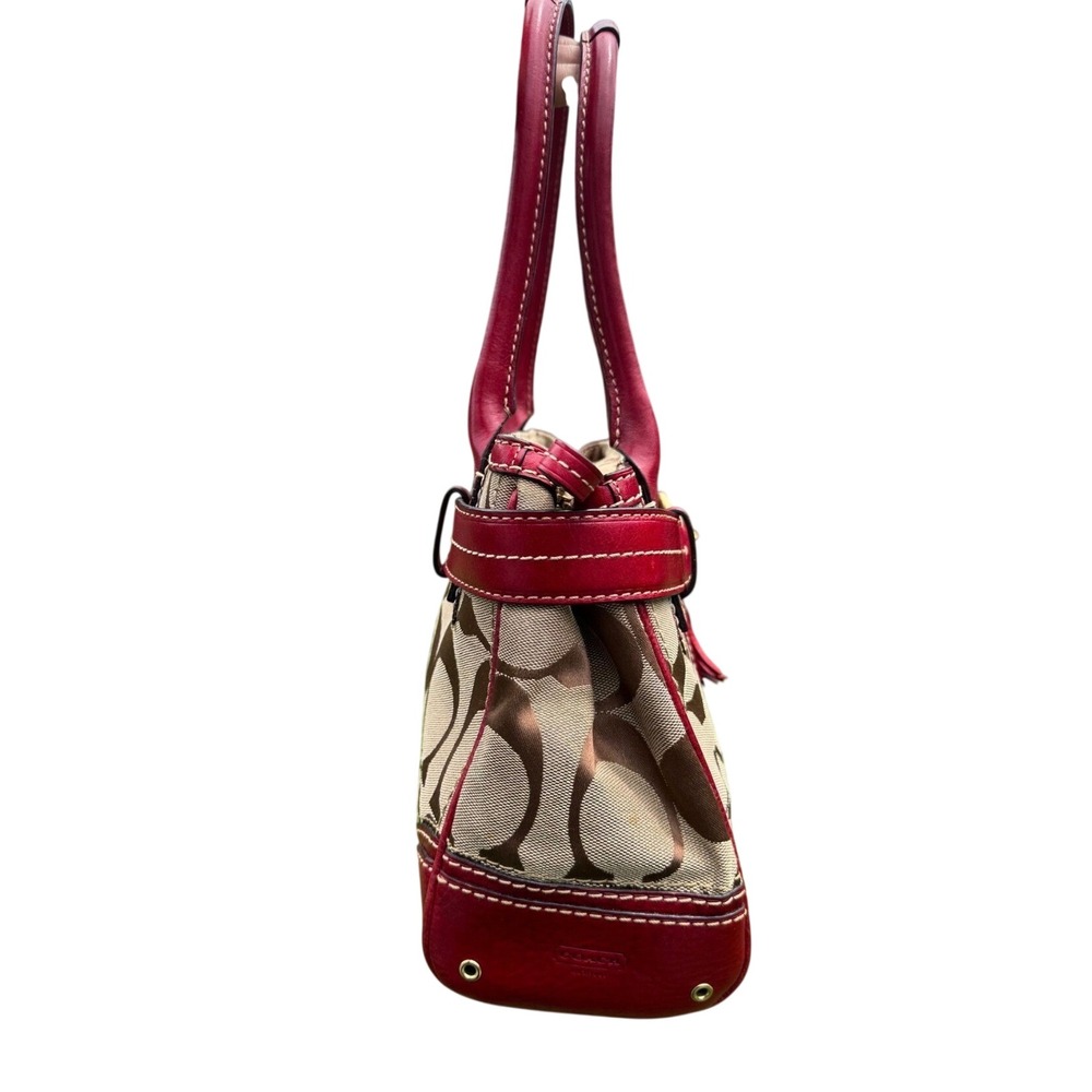 Coach Hampton Signature Khaki Red Leather Trim Satchel Handbag Gold Hardware Y2K - Picture 2 of 7